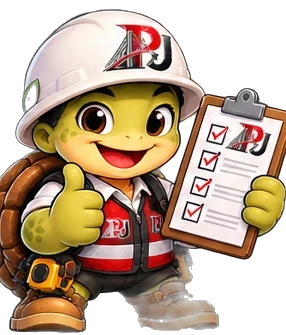 Ilustración de marca: mascota PJ con lista de verificación